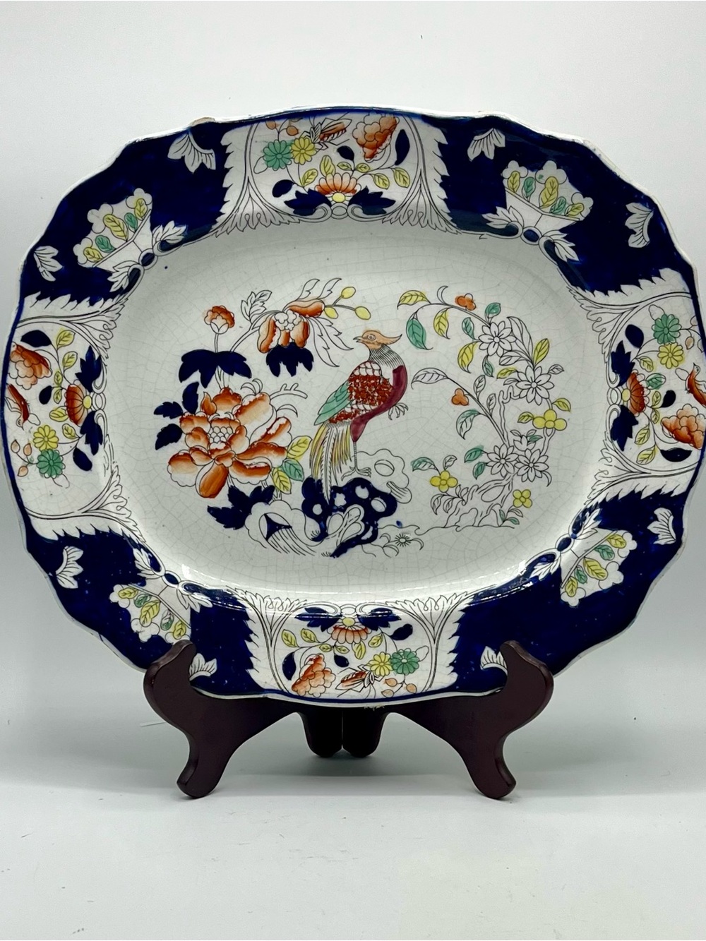 Antique Ironstone Platter, Chinoiserie Design, Imari, Polychrome Florals & Bird
